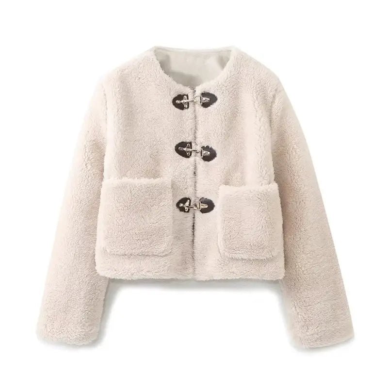 Cream-colored ornament fleece jacket with toggle closures and pockets, ideal for Fall/Winter