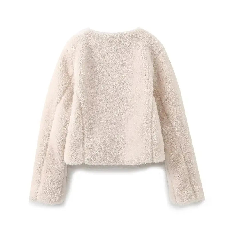 Cream-colored fuzzy cropped ornament fleece jacket with long sleeves for Fall/Winter