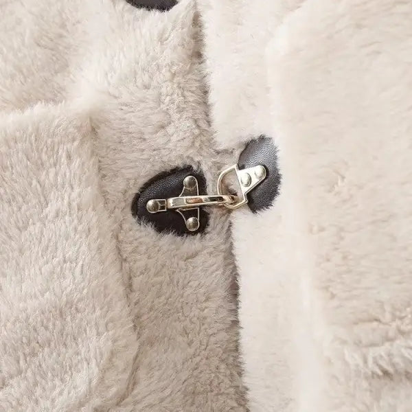 Fluffy white coat with toggle closures, ideal as an Elegant Ornament Fleece Jacket