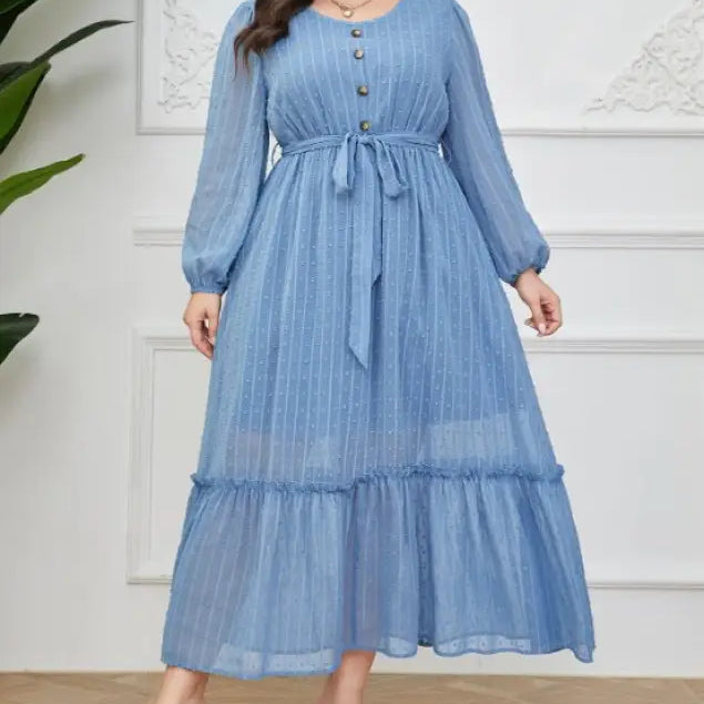 Elegant Sky Dress featuring a blue long-sleeved maxi dress with lace details