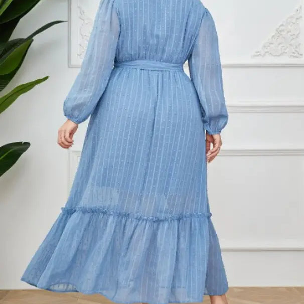 Elegant Sky Dress featuring a blue chiffon maxi dress with lace details