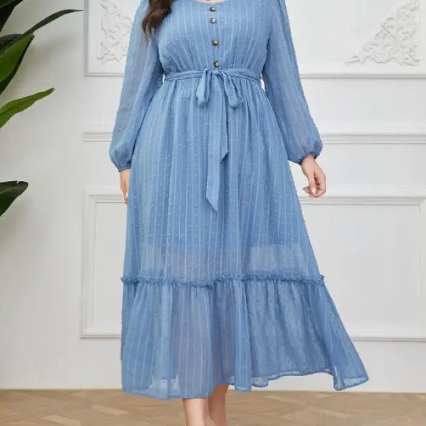 Elegant Sky Dress featuring a beautiful blue chiffon maxi dress with lace details
