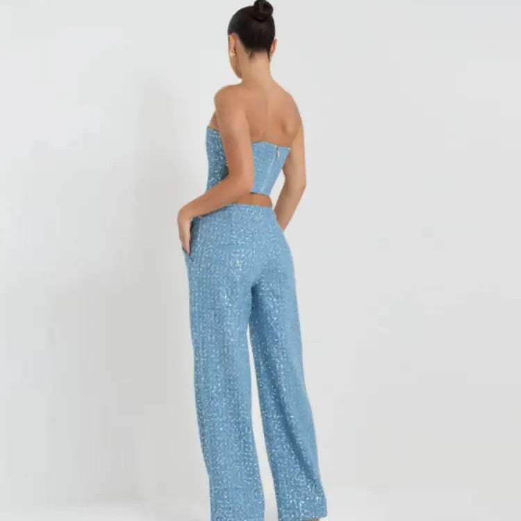 Elegant light blue sequin two-piece set with strapless top and wide leg pants for spring fall style