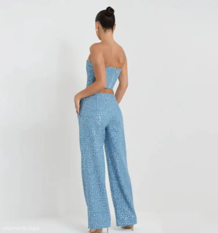 Elegant light blue sequin two-piece set with strapless top and wide leg pants for spring fall style