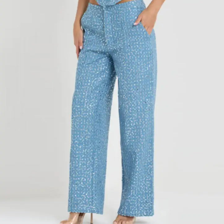 Light blue sequined wide leg pants from Elegant Sleeveless Top with Wide Leg Pants for Spring/Fall Style