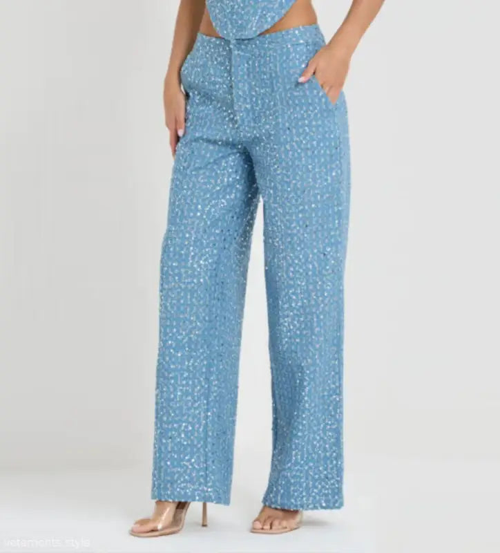 Light blue sequined wide leg pants from Elegant Sleeveless Top with Wide Leg Pants for Spring/Fall Style