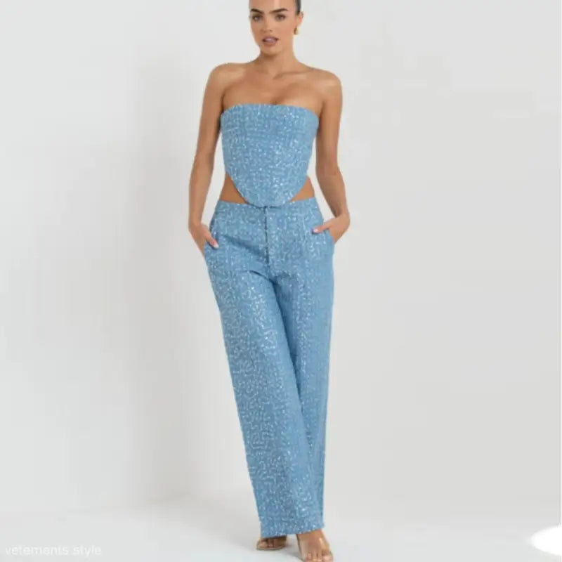 Light blue sequined strapless top with matching wide leg pants for spring fall style