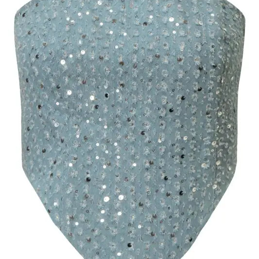 Pale blue sequined strapless crop top paired with wide leg pants for elegant spring style