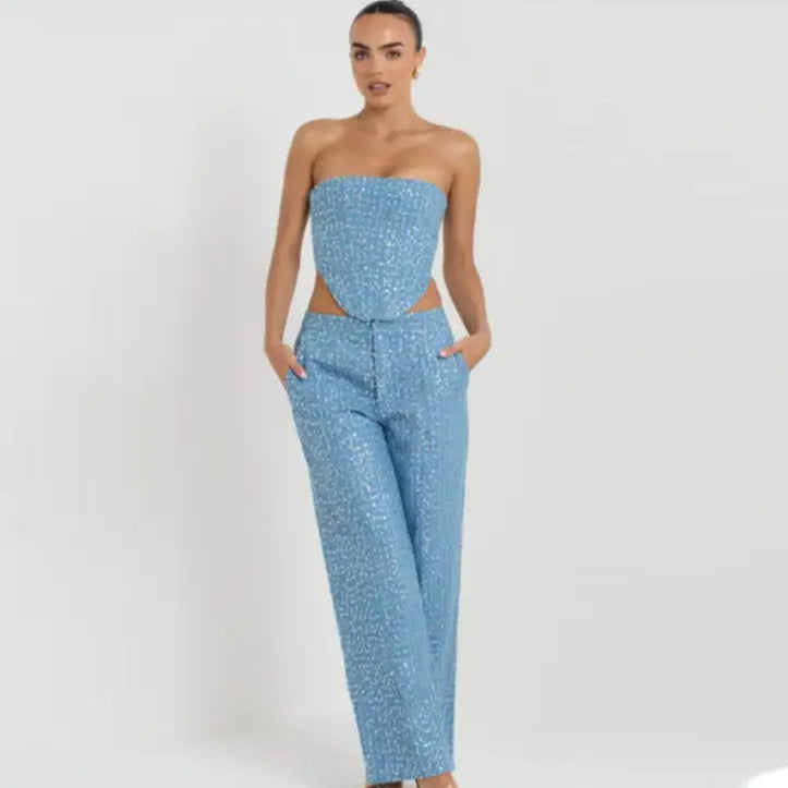 Light blue sequined strapless top with matching wide leg pants for elegant denim style