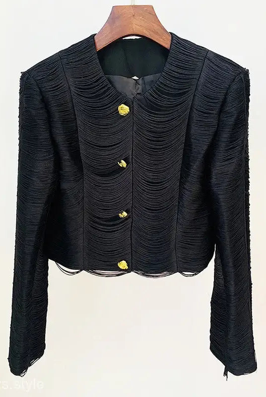 Black cropped tassel short jacket with textured fabric and gold buttons, ideal for stars tassel set