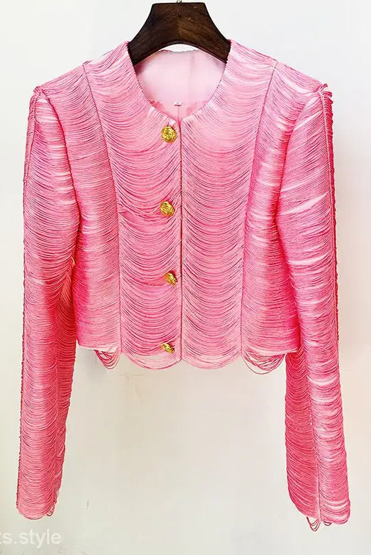 Pink textured cropped jacket with gold buttons, ideal for stars tassel short fashion