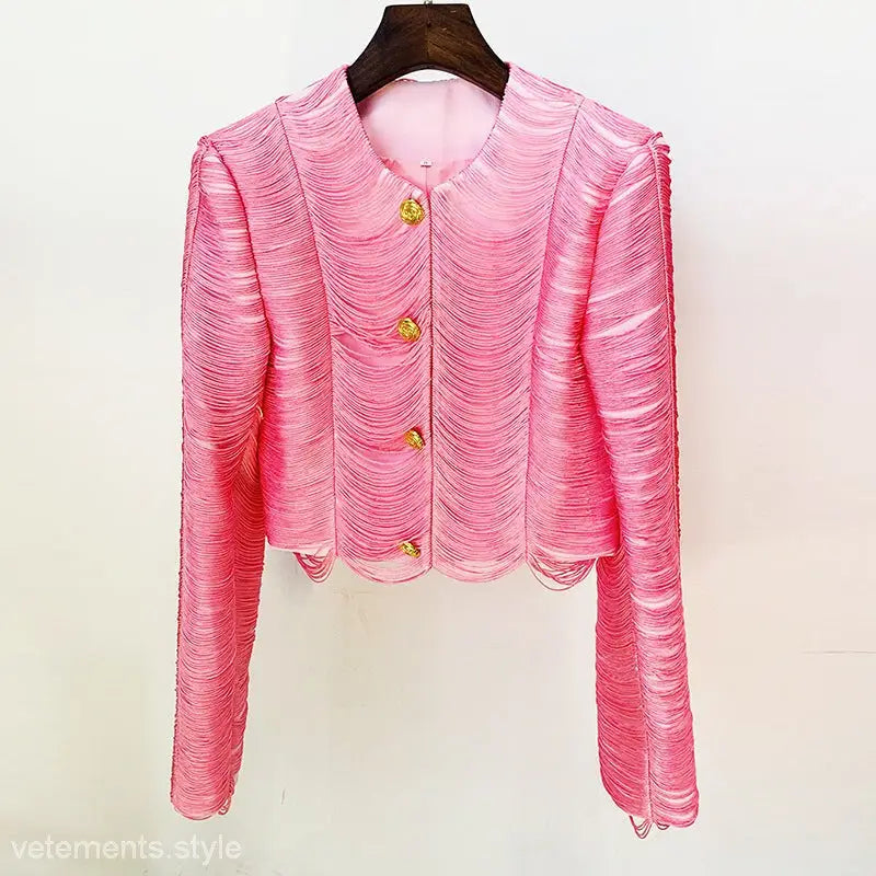 Pink textured cropped jacket with gold buttons, ideal for stars tassel short fashion