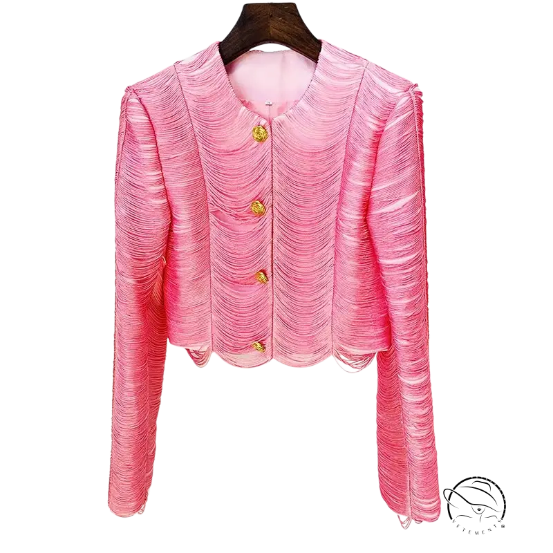 Pink textured cropped jacket with gold buttons and tassel short design