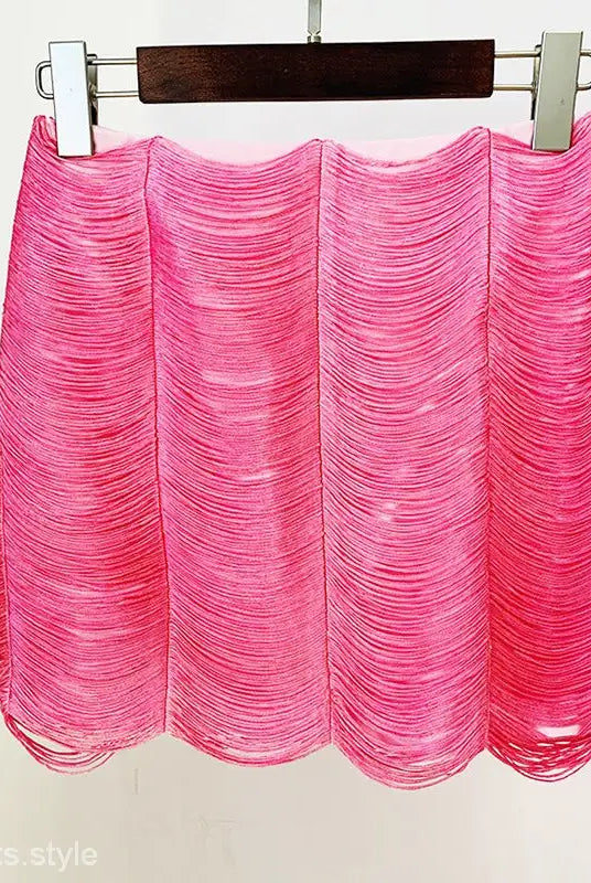 Pink layered mini skirt with ruched texture, perfect for the Stars Tassel Short Jacket set