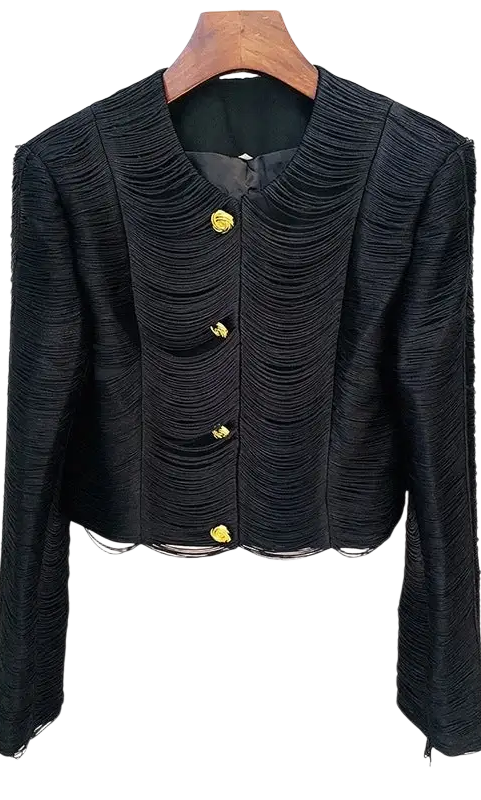 Elegant slim cotton blend stars tassel short jacket in black cropped textured fabric with gold buttons