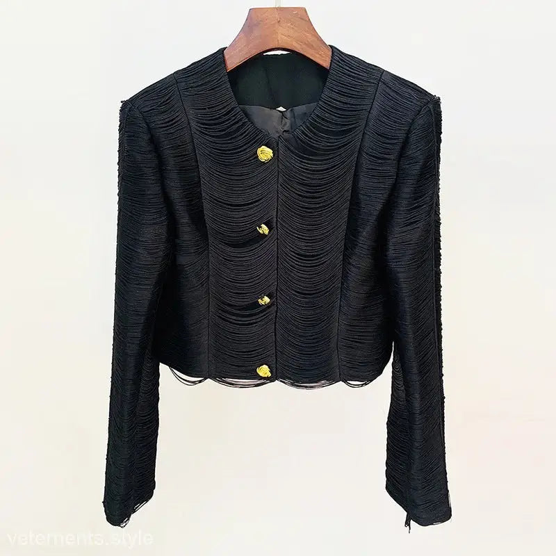 Black cropped tassel short jacket with textured fabric and gold buttons from Stars Tassel Set
