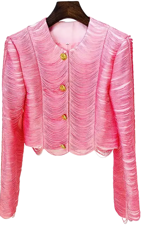 Pink textured cropped tassel short jacket with gold buttons and long sleeves