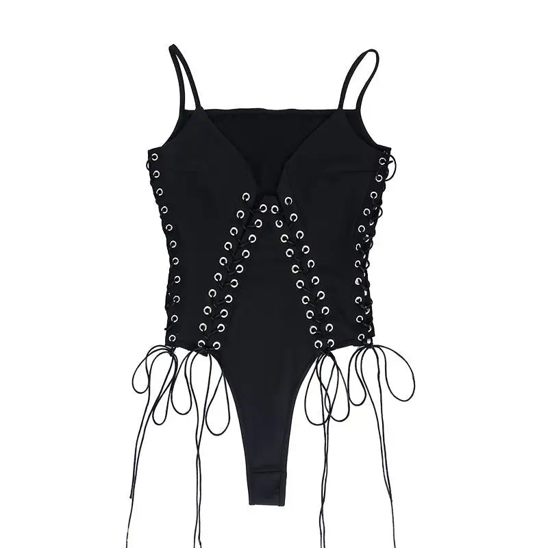 Elegant slim fit corns tied jumpsuit featuring a black one-piece swimsuit with lace-up sides