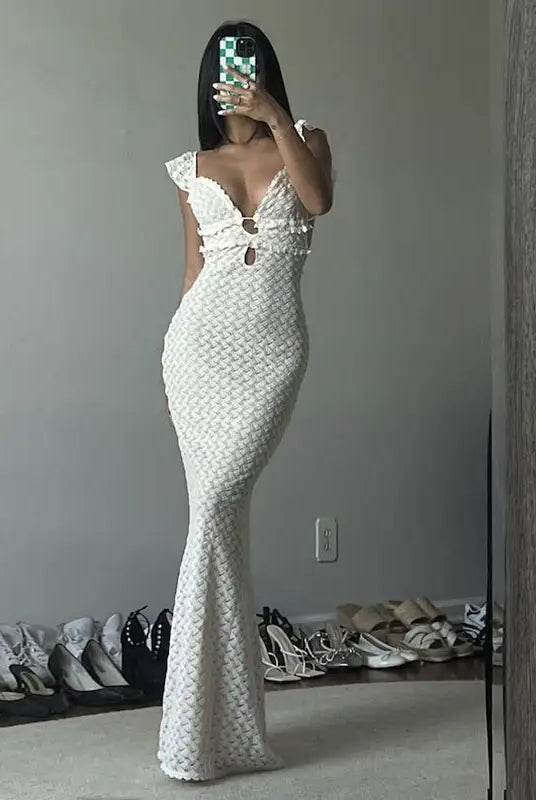 White crochet mermaid dress featured in an elegant slim fit evening dress design