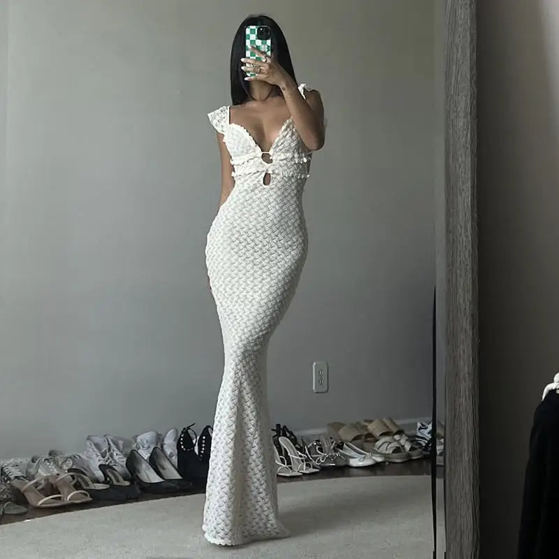 White crochet mermaid dress featured in an elegant slim fit evening dress design