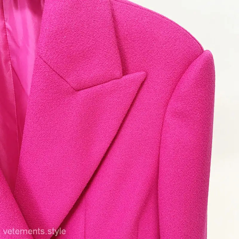 Bright pink star woolen coat with slim fit bow and notched lapel in long woolen coat style