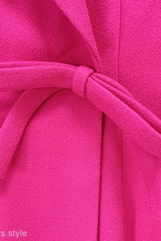 Bright pink slim fit bow long woolen coat with check tie top closure and belt detail