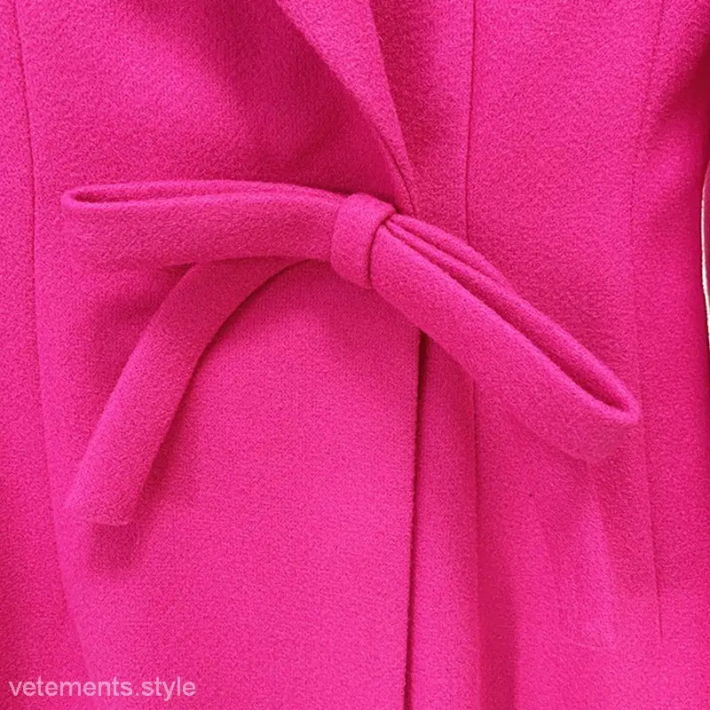 Bright pink slim fit bow long woolen coat with check tie top closure and belt detail