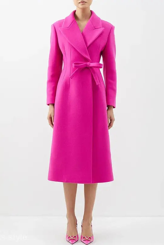Vibrant hot pink long woolen coat with belted waist and notched lapels, perfect for star woolen coat collections