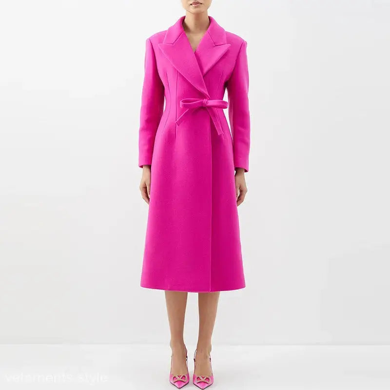 Vibrant hot pink long woolen coat with belted waist and notched lapels, perfect for star woolen coat collections