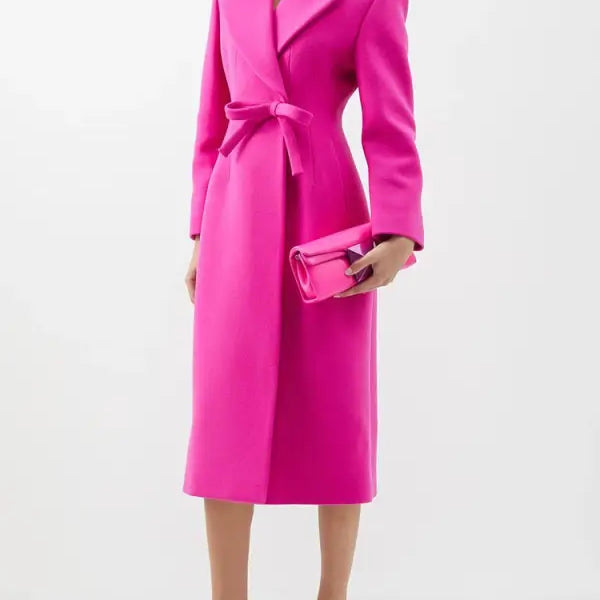 Bright pink star woolen coat with slim fit bow, long woolen coat with matching clutch