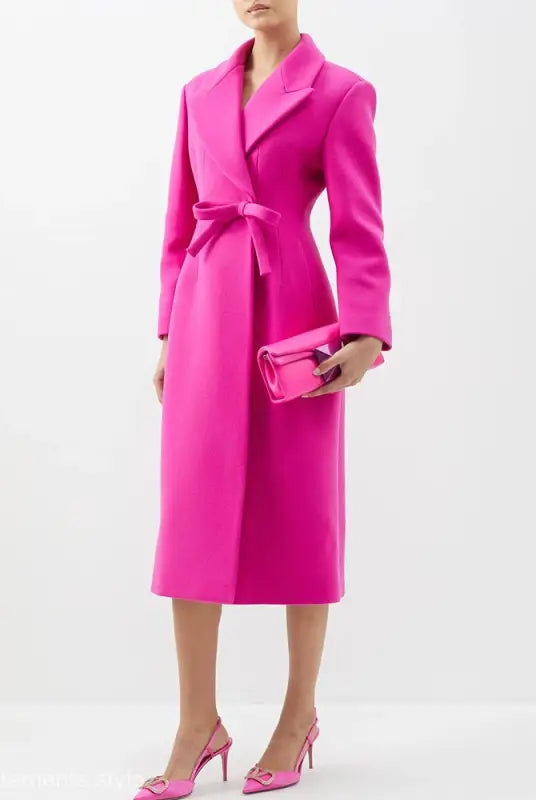Bright pink star woolen coat with slim fit bow, long woolen coat with matching clutch