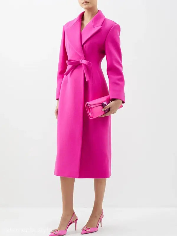 Bright pink star woolen coat with slim fit bow, long woolen coat with matching clutch