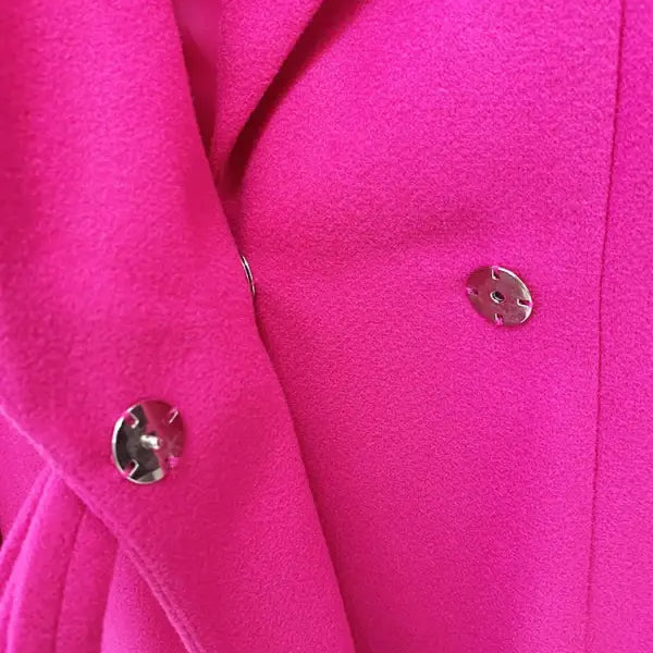 Bright pink star woolen coat featuring silver buttons and a slim fit bow detail