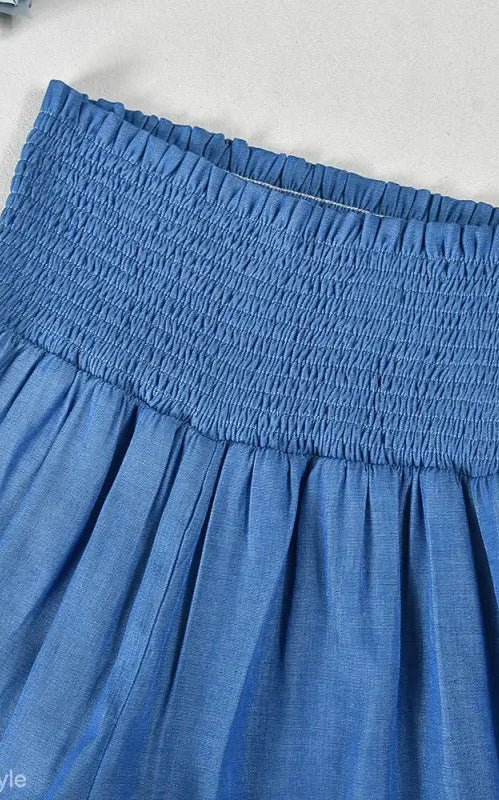 Blue smocked skirt from Elegant Slim Pants Suit with Ruffle and Smocked Strapless Design