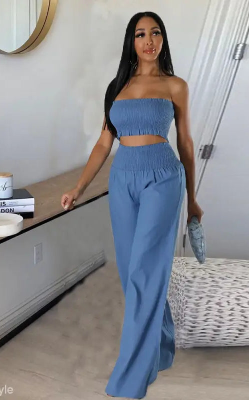 Blue two-piece pants suit featuring ruffle and smocked strapless design, perfect slim pants suit
