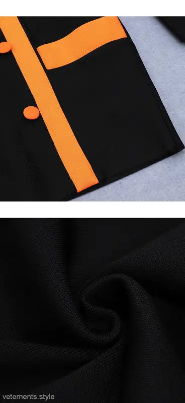 Black blazer with orange trim paired with sexy Vetements dress for a stylish look