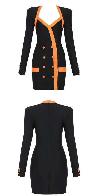 Black and orange double-breasted vetements dress, sexy langry spring fall bodycon style
