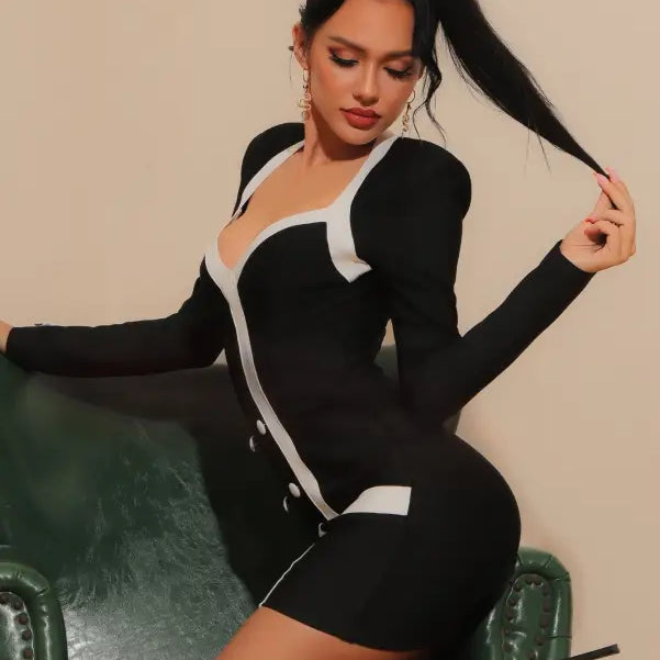 Black and white mini sexy vetements dress in V-Neck bodycon style for elegant spring fall wear