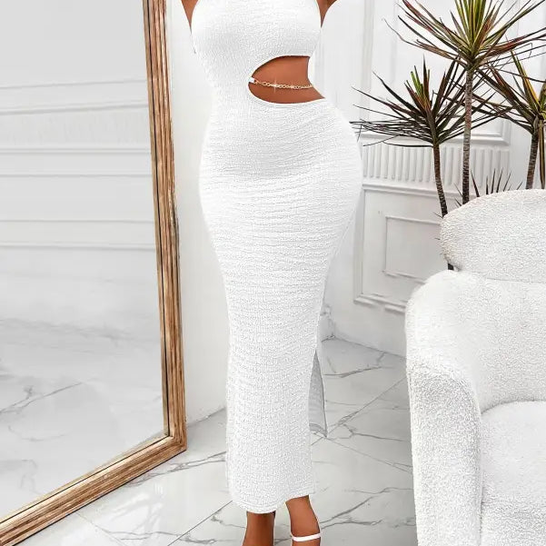 White textured cutout maxi dress styled as a sexy jumpsuit dress with shoulder slim design