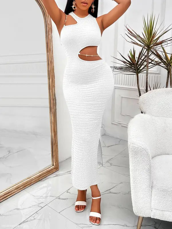 White textured cutout maxi dress styled as a sexy jumpsuit dress with shoulder slim design