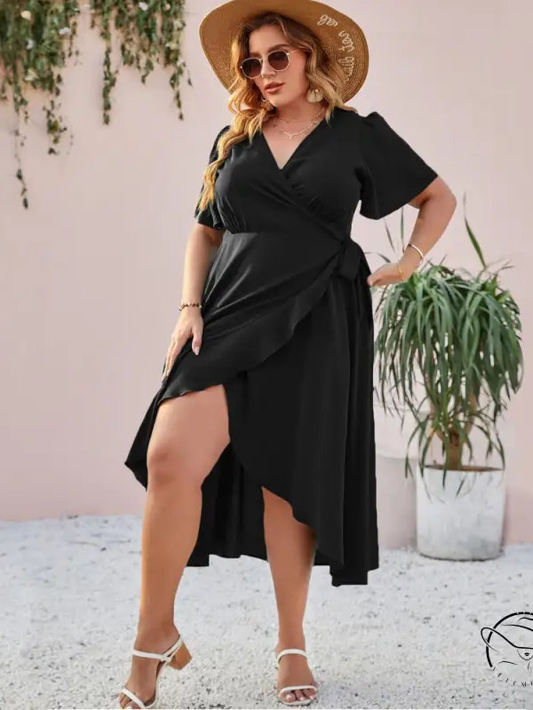 Elegant slit lace maxi dress with ruffles and short butterfly sleeves