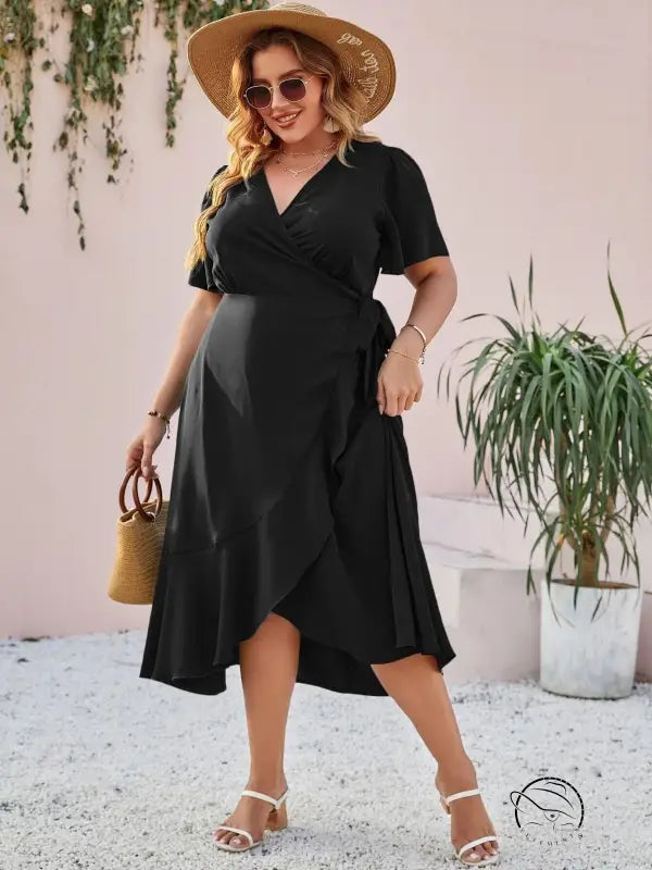 Woman in elegant slit lace maxi dress with ruffles and sunglasses