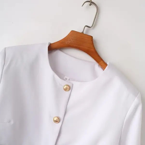 Elegant Snow White Blazer for Spring and Fall Wear with Gold Buttons