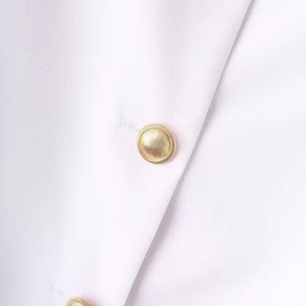White fabric with gold buttons on Elegant Snow White Blazer for spring and fall wear