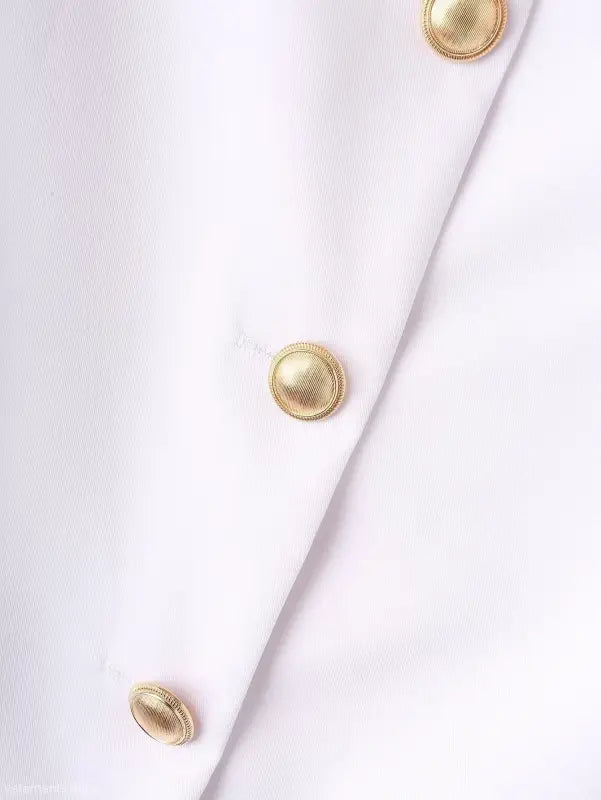White fabric with gold buttons on Elegant Snow White Blazer for spring and fall wear