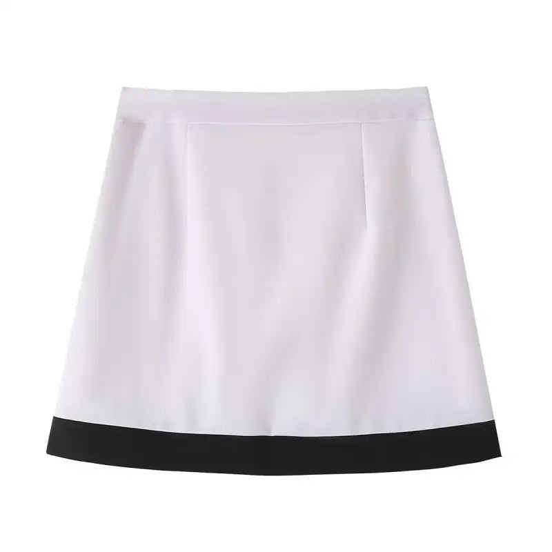 Elegant snow white blazer with matching white skirt featuring black hem detail