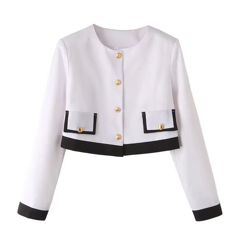 Elegant Snow White Blazer for Spring and Fall Wear featuring gold buttons and black trim