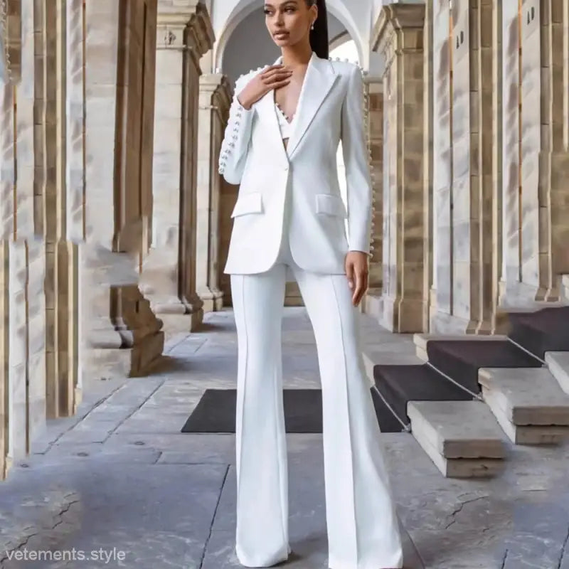 Elegant Socialite Pearl Beaded Long Sleeve Office Top and Pants Set in white pantsuit style