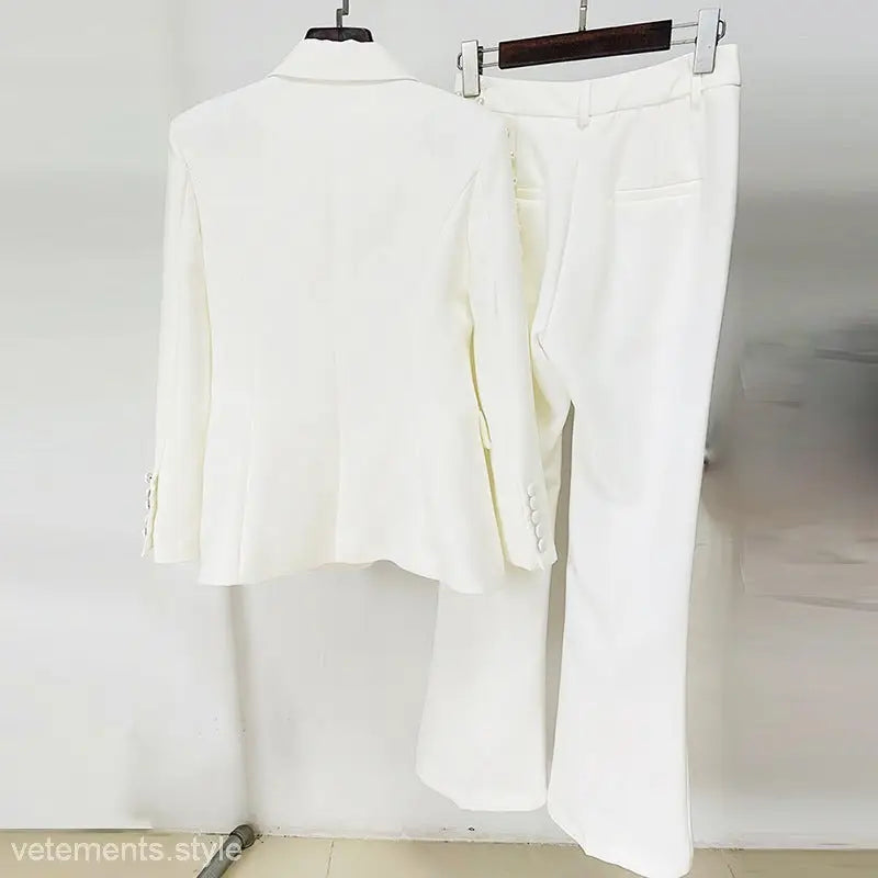 White women’s pearl beaded pantsuit displaying the Elegant Socialite Pearl set