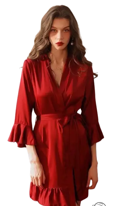 Elegant red spandex wrap dress with ruffled belted sleeves and hem
